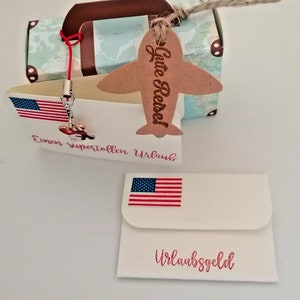 ALLE ANLÄSSE Geldgeschenkverpackung Papierköfferchen USA Amerika " Urlaubsgeld " Geburtstag Jugendweihe Hochzeit Weihnachten usw.
