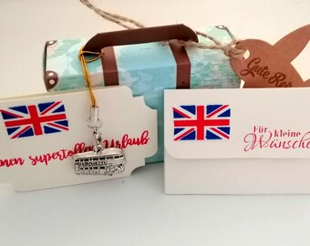LONDON ENGLAND Geldgeschenkverpackung Papier Reiseköfferchen NEUTRAL Verpackung Geld Urlaubs- Reisekasse Geburtstag Jungendweihe Weihnachten
