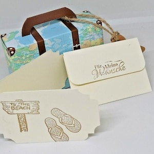 TO THE BEACH Geldgeschenk Verpackung incl. Karte + Geldumschlag Papier Köfferchen Urlaubs- Reisekasse Geburtstag Jugendweihe Weihnachten