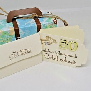 Zur Goldhochzeit Geldgeschenkverpackung incl. Glückwunschkarte + Geldumschlag Papier Reiseköfferchen Verpackung Geld Urlaubs- Reisekasse