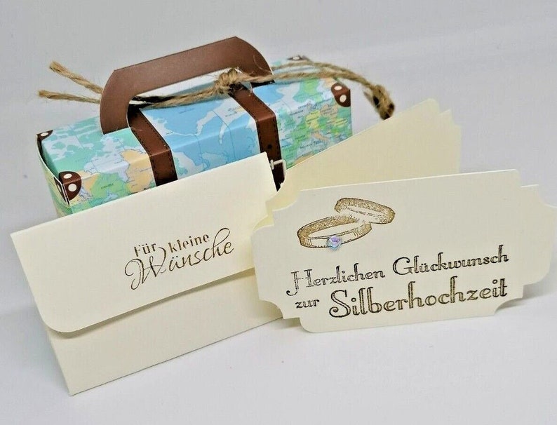 Geldgeschenk-Verpackung Köfferchen Reisekasse Urlaubsgeld Geburtstag Weihnachten Abschied Rente Ruhestand Jugendweihe Silber Gold Hochzeit Zur Silberhochzeit