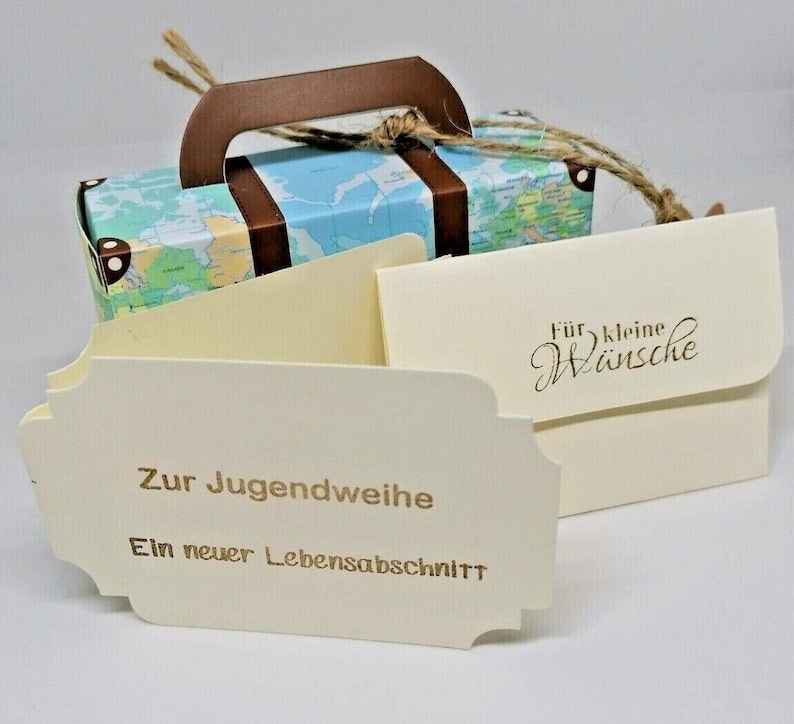 Geldgeschenk-Verpackung Köfferchen Reisekasse Urlaubsgeld Geburtstag Weihnachten Abschied Rente Ruhestand Jugendweihe Silber Gold Hochzeit Bild 3