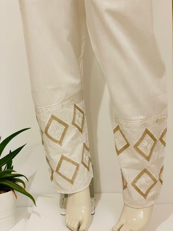 White Cotton Designer Cigarette Pants Indian Soft Cotton Trouser Pakistani  Style Pant Parallel Hand Embroidered Pant - Etsy India