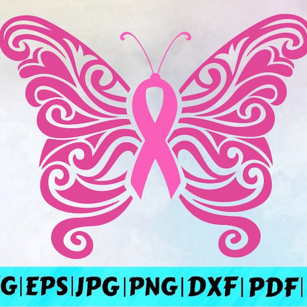 Cancer Ribbon Svg / Sensibilisation au cancer / Sensibilisation Ruban Svg / Cancer Svg / Cancer Butterfly Svg / Pink Ribbon Svg / Téléchargement instantané /