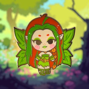May include: A metal enamel pin featuring a stylized character with long green hair, pointed ears, and a red hood. The character wears a green outfit with a brown belt and has large green leaf-shaped wings extending from the back of the design.