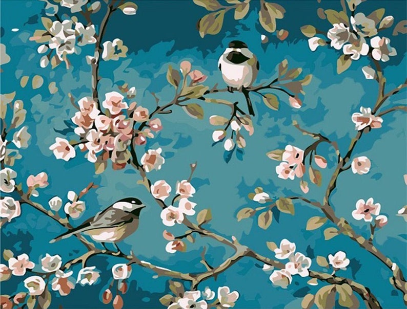Vögel und Sakura Blumen malen nach Zahlen Kit Wandkunst Etsy