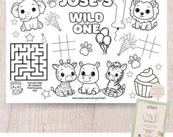 Wild One Birthday Colouring Placemat | Jungle Safari Party Activity | 1st Birthday Printable | Kids Party Table Decor | A4 Landscape PDF