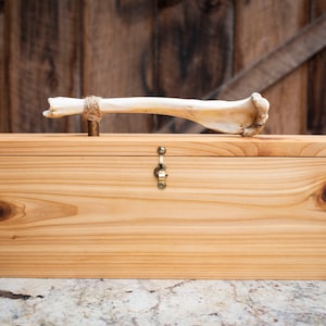 Western Red Cedar Wood Ceremony Feather Box W/ Deer Bone Handle & Aromatic Smoked Leather Bottom