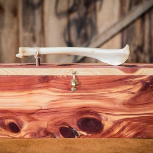 Eastern Red Cedar Wood Ceremony Feather Box W/ Deer Bone Handle & Aromatic Smoked Leather Bottom