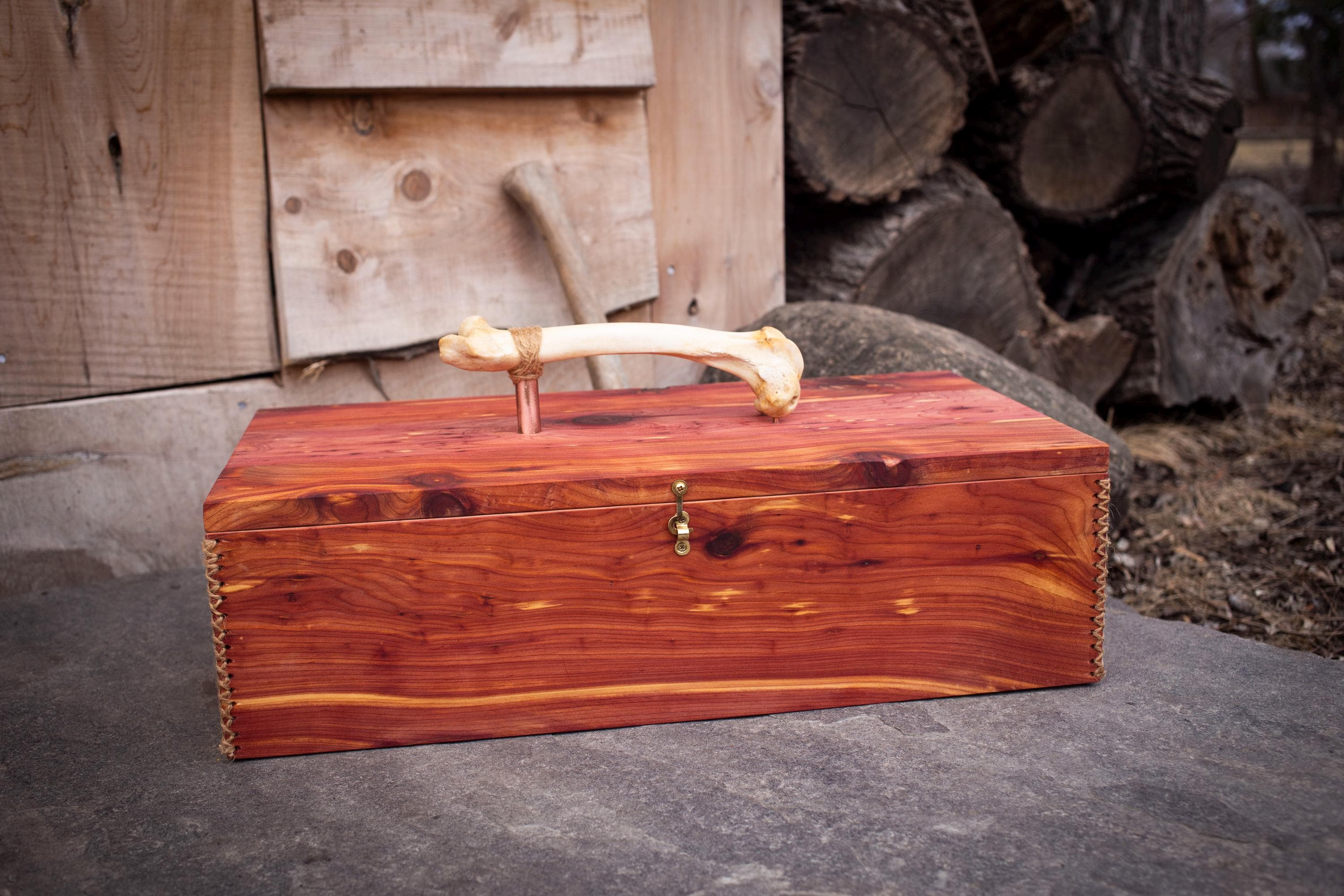 Large - Eastern Red Cedar Wood Ceremony Feather Box W/ Deer Bone Handle ...
