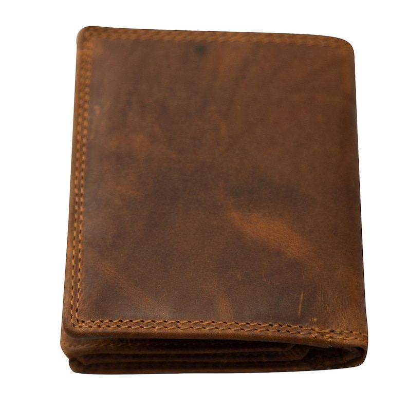 May include: A brown leather wallet with a distressed finish and stitched edges.