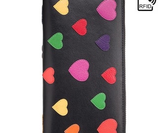 Black Leather Zip Around Wallet – Colorful Hearts, RFID Protection, Love Collection
