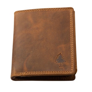 May include: A brown leather wallet with a stitched edge and a small tree design embossed on the front.