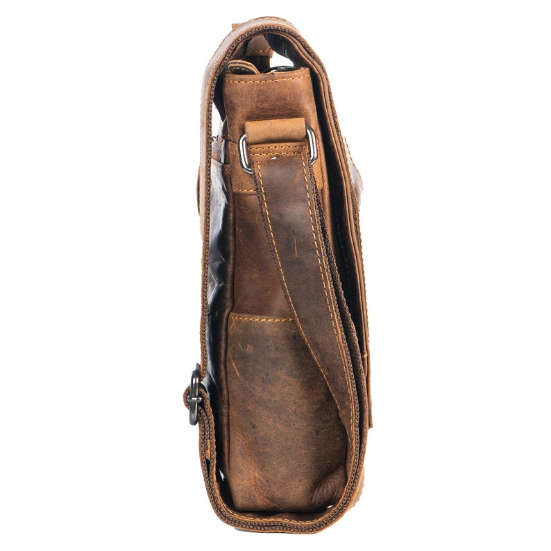 May include: A brown leather messenger bag with a zipper closure and a long adjustable strap. The bag has a distressed look and is made of high-quality leather.
