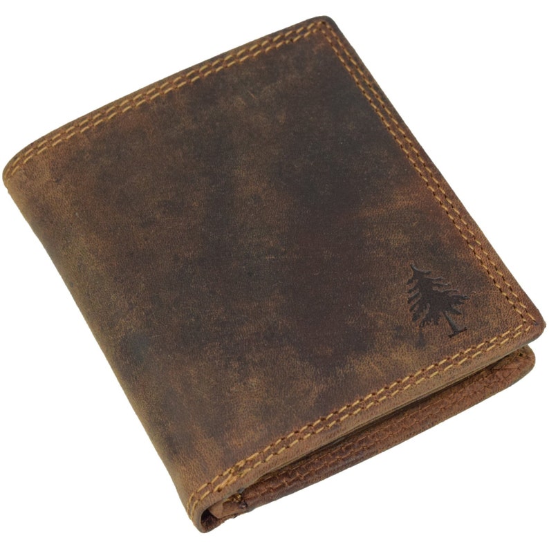 May include: A brown leather wallet with a tree logo embossed on the front. The wallet has a distressed look and is folded closed.