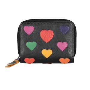 May include: Black wallet with a zip closure and colourful heart appliqués. The hearts are in shades of pink, red, green, yellow, orange, and purple. The zip pull is tan and yellow.