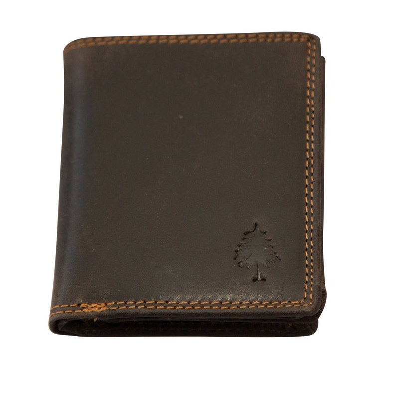 May include: A brown leather wallet with a tree logo embossed on the front. The wallet has a stitched border in a lighter brown colour.