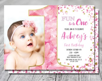 1st Birthday Party Pink Invite, Fun to be One Babies First Birthday, Digital Instant download | Edit yourself