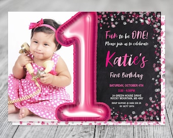 1st Birthday Party, Fun to be One Pink Balloon Invitation | Digital Instant Download  | Edit yourself