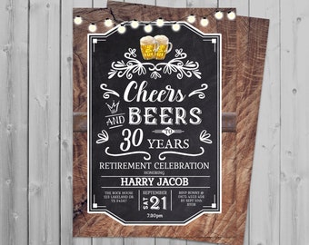 Cheers and Beers Retirement Party Invitation, Digital Instant download | 30 years, Edit yourself