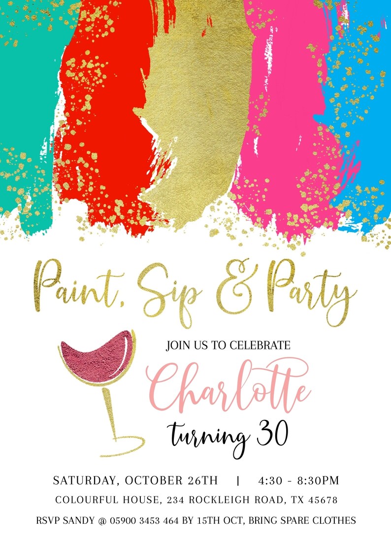 Paint Sip & Party Birthday Invitation, Artstic Birthday Party, Digital