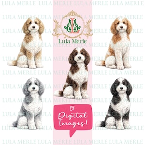 May include: A digital collection featuring five illustrations of curly-haired dogs in various colors including tan, brown, gray, and black, all with white markings. The image includes the text Lula Merle and 5 Digital Images! in a pink speech bubble.