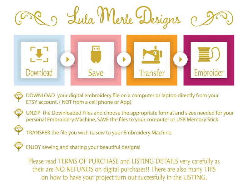 May include: A graphic illustration showing the steps to download, save, transfer, and embroider a digital embroidery file. The steps are illustrated with icons and text. The text includes "Download", "Save", "Transfer", and "Embroider".