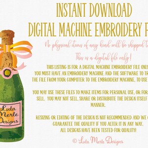 May include: A digital embroidery file design of a champagne bottle with a pink and gold bow. The design is labeled "Lula Merle Designs".