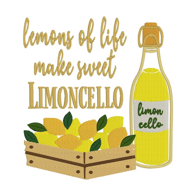 May include: Lemons of life make sweet Limoncello. A yellow bottle of limoncello with a white label that says "limon cello" is next to a wooden crate filled with yellow lemons.