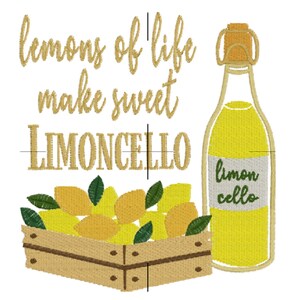 May include: Lemons of life make sweet Limoncello. A yellow bottle of limoncello with a green label that says "limon cello" is next to a wooden crate filled with yellow lemons and green leaves.