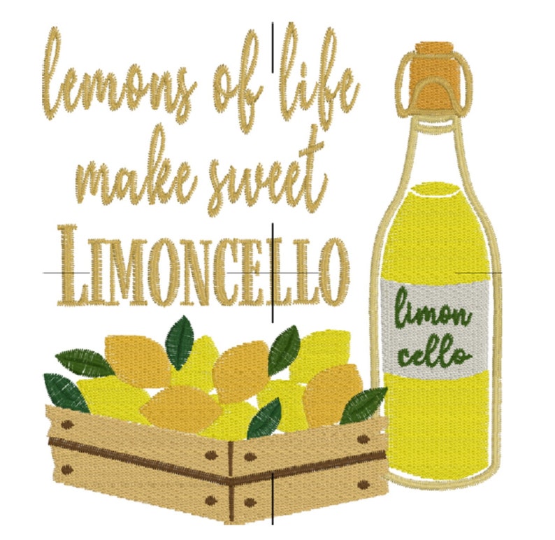 May include: Lemons of life make sweet Limoncello. A yellow bottle of limoncello with a green label that says "limon cello" is next to a wooden crate filled with yellow lemons and green leaves.