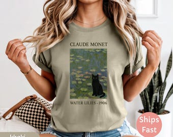 Monet Water Lilies Cat T-Shirt: Funny Art Parody, Black Cat Lover Gift