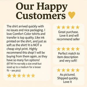 May include: Image with text that reads "Our Happy Customers" with a yellow heart. Below are customer reviews with phrases like "Great purchase" and "Perfect match to item description."