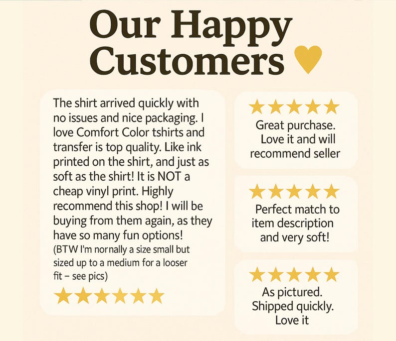 May include: Image with text that reads "Our Happy Customers" with a yellow heart. Below are customer reviews with phrases like "Great purchase" and "Perfect match to item description."
