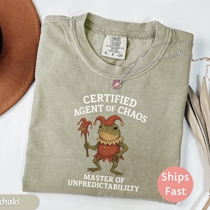 May include: Khaki-colored t-shirt with the text "CERTIFIED AGENT OF CHAOS" and a cartoon frog wearing a jester's hat and holding a staff. The shirt also says "MASTER OF UNPREDICTABILITY". A silver necklace with a pink pendant is on the shirt.