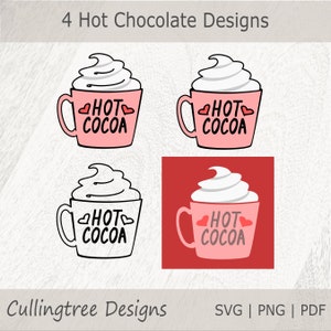 Hot Chocolate Design Bundle digitale Download-Dateien SVG, PNG und PDF; Heißer Kakao mit Becher, Schlagsahne und Herzen