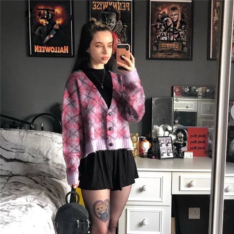 Jersey C\u00e1rdigan Aesthetic Vintage Grunge y2k Oto\u00f1o dise\u00f1o tart\u00e1n