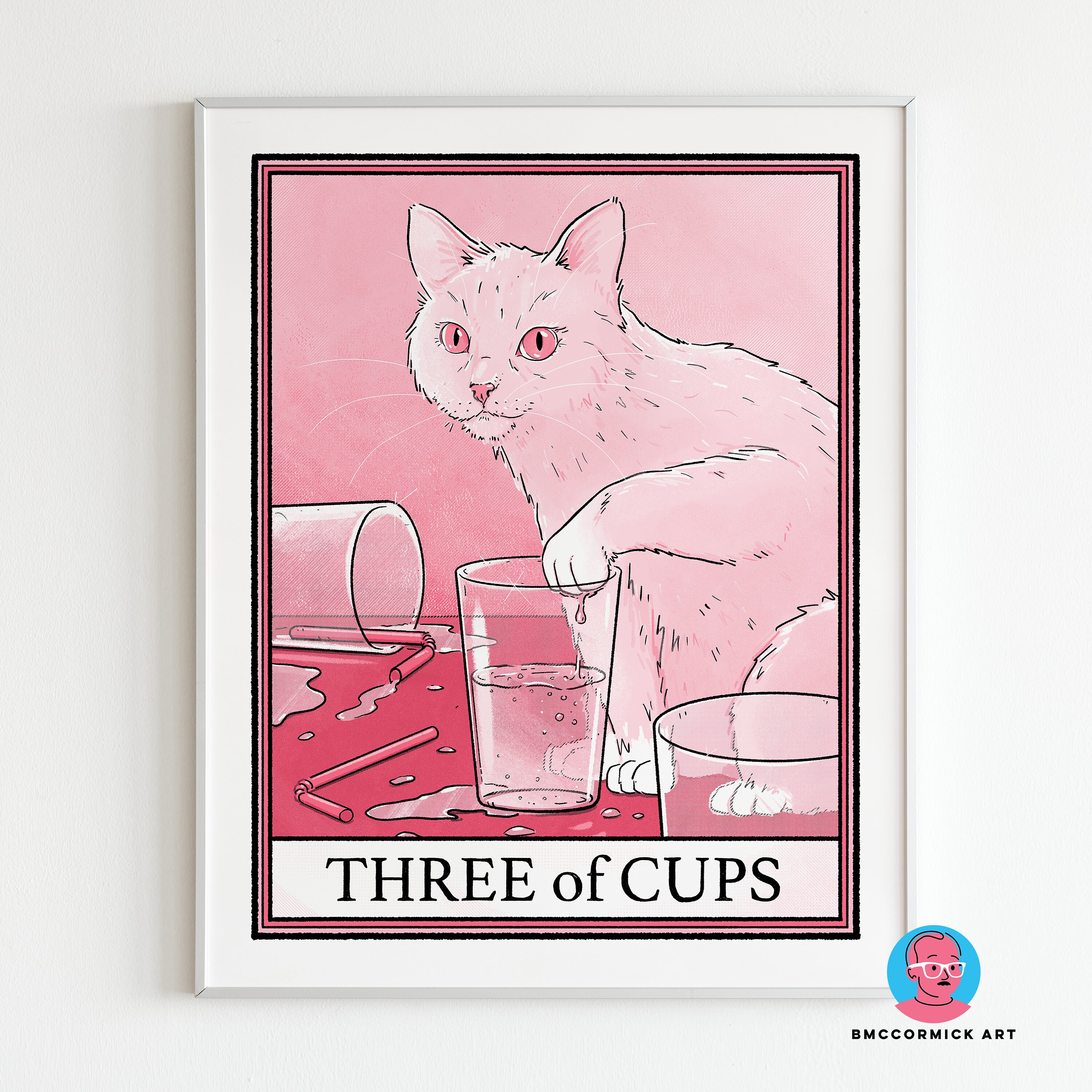Three of Cups Tarot Print | Cat Tarot | 8"x10" | Witchy Cat Wall Art | Boho Decor | Astrology Art | Spiritual Art | Occult | Mystical