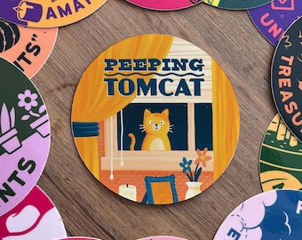 Peeping Tomcat | 3" Cat Sticker | Vinyl | Cartoon | Funny | Safe for Cars, Water Bottles, Kindle, Laptops