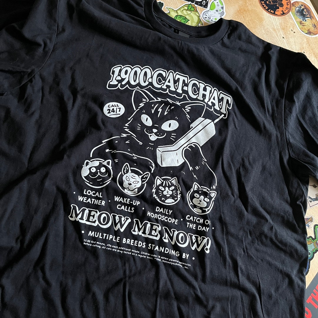 1-900-cat-chat | Black | Relaxed Fix | Unisex | T-shirt | Cartoon