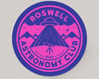 Roswell UFO Telescope Mountain 1947 Astronomy Club Pink and Purple 3 Inch Vinyl Sticker