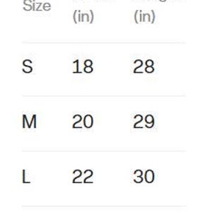 May include: A sizing chart table with the heading Sizing, listing sizes S, M, L, and XL. The table includes columns for Width (in) and Length (in). Measurements are: S 18 by 28, M 20 by 29, L 22 by 30, and XL 24 by 31, all provided in inches.