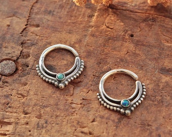 Tribal Sterling Silver Septum Ring with Opal Turquoise | Crystal Setum Ring | Gypsy Ethnic Body Jewellery Alternative Nose Piercing Gemstone