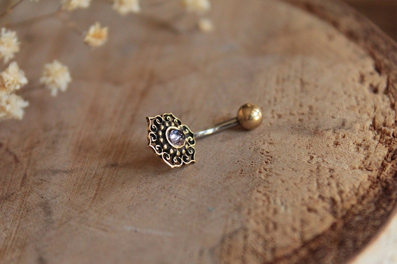 Surgical Steel /& Brass Tribal Belly Bar Naval Bar Banana Bar Amethyst Belly Button Bar