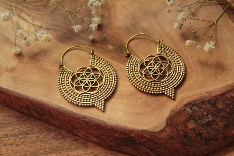 Brass Earrings Seed Of Life Dotted Hoops Tribal Earrings Ethnic Gypsy Hoops