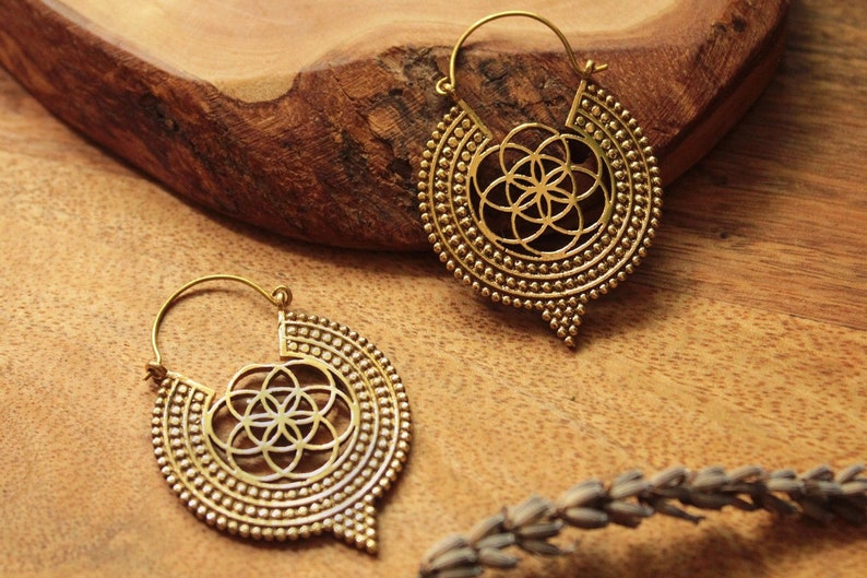 Brass Earrings Seed Of Life Dotted Hoops Tribal Earrings Ethnic Gypsy Hoops