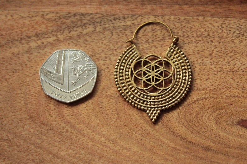 Brass Earrings Seed Of Life Dotted Hoops Tribal Earrings Ethnic Gypsy Hoops