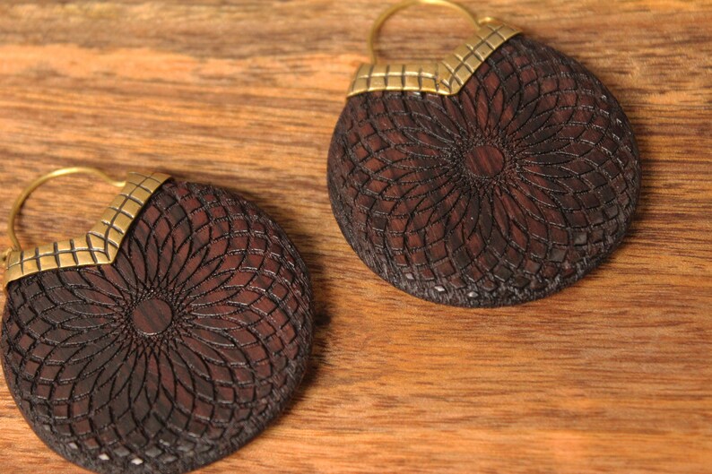 Wooden Mandala Torus Earrings Tribal Earrings Engraved Geometric Wooden Earrings Ethnic Gypsy