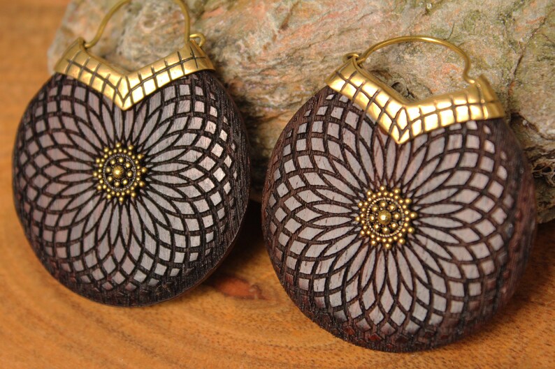 Wooden Mandala Torus Earrings Tribal Earrings Engraved Geometric Wooden Earrings Ethnic Gypsy