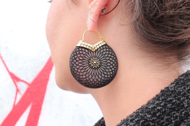 Wooden Mandala Torus Earrings Tribal Earrings Engraved Geometric Wooden Earrings Ethnic Gypsy